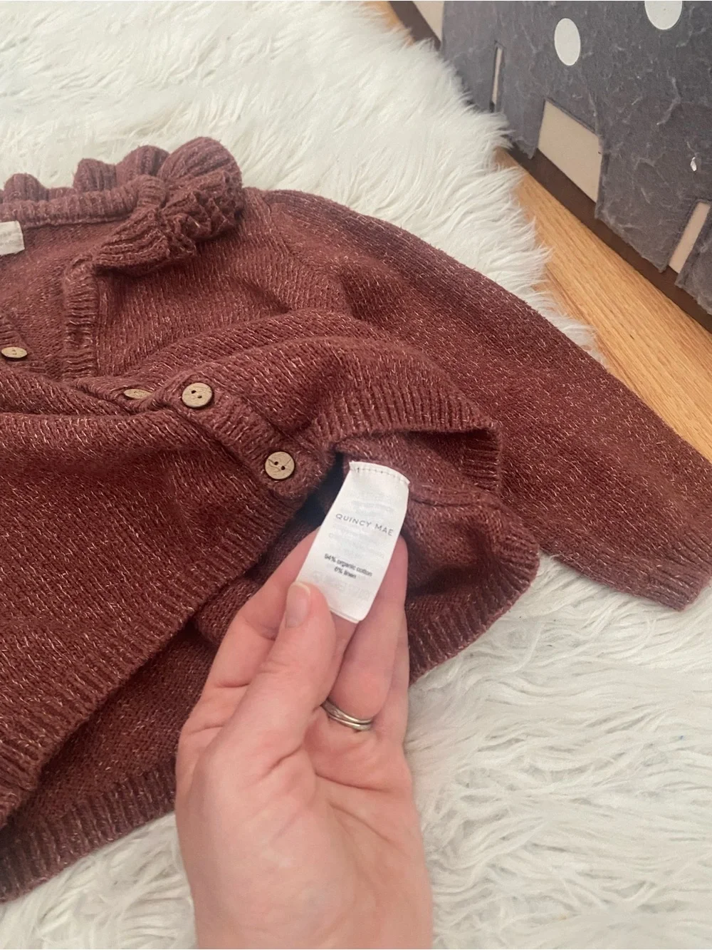 Quincy Mae Ruffle Collar Cardigan Organic Cotton Linen Brown Size 2-3 Years